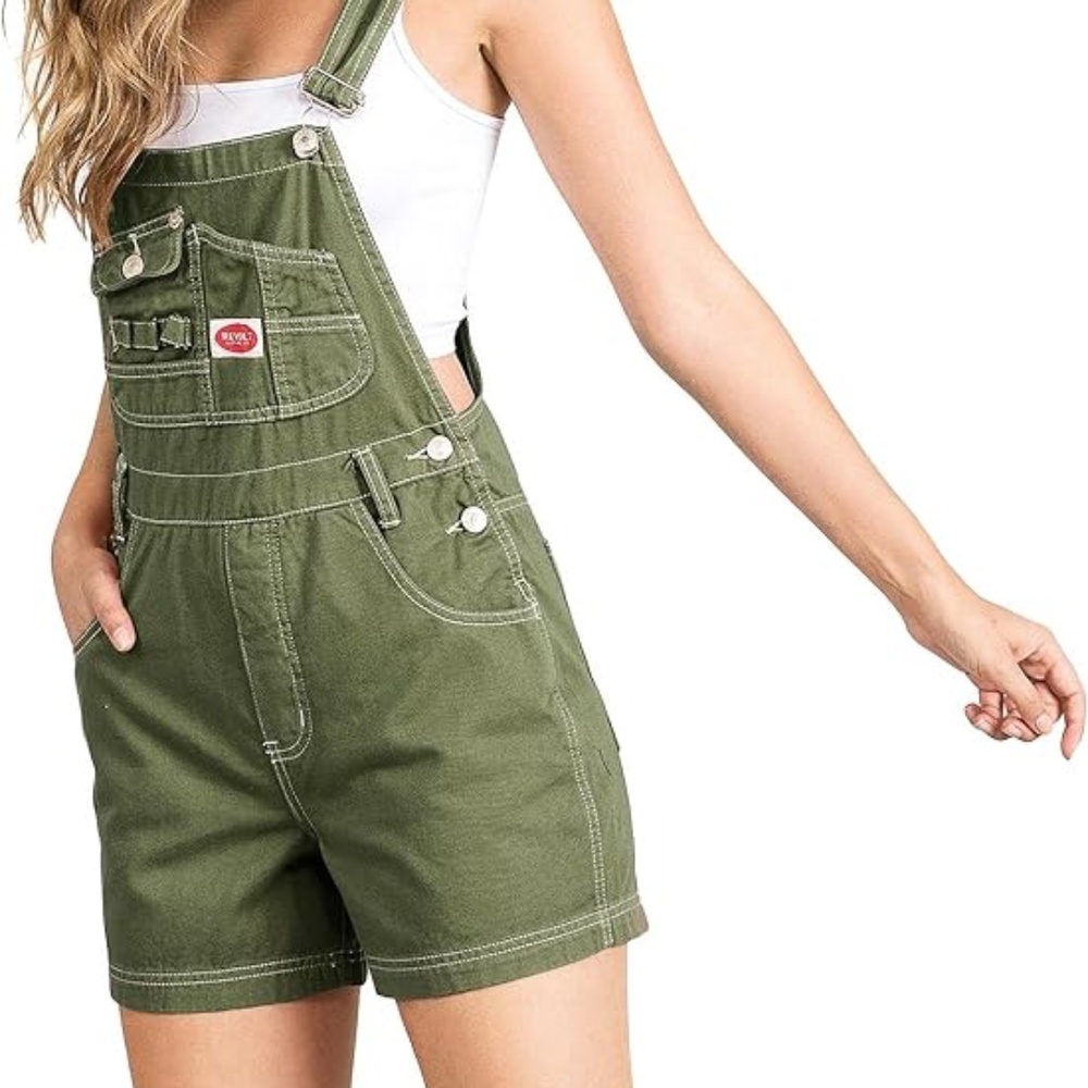 Y2K Revolt Women's Classic Twill Short Overalls Dusty Olive Large